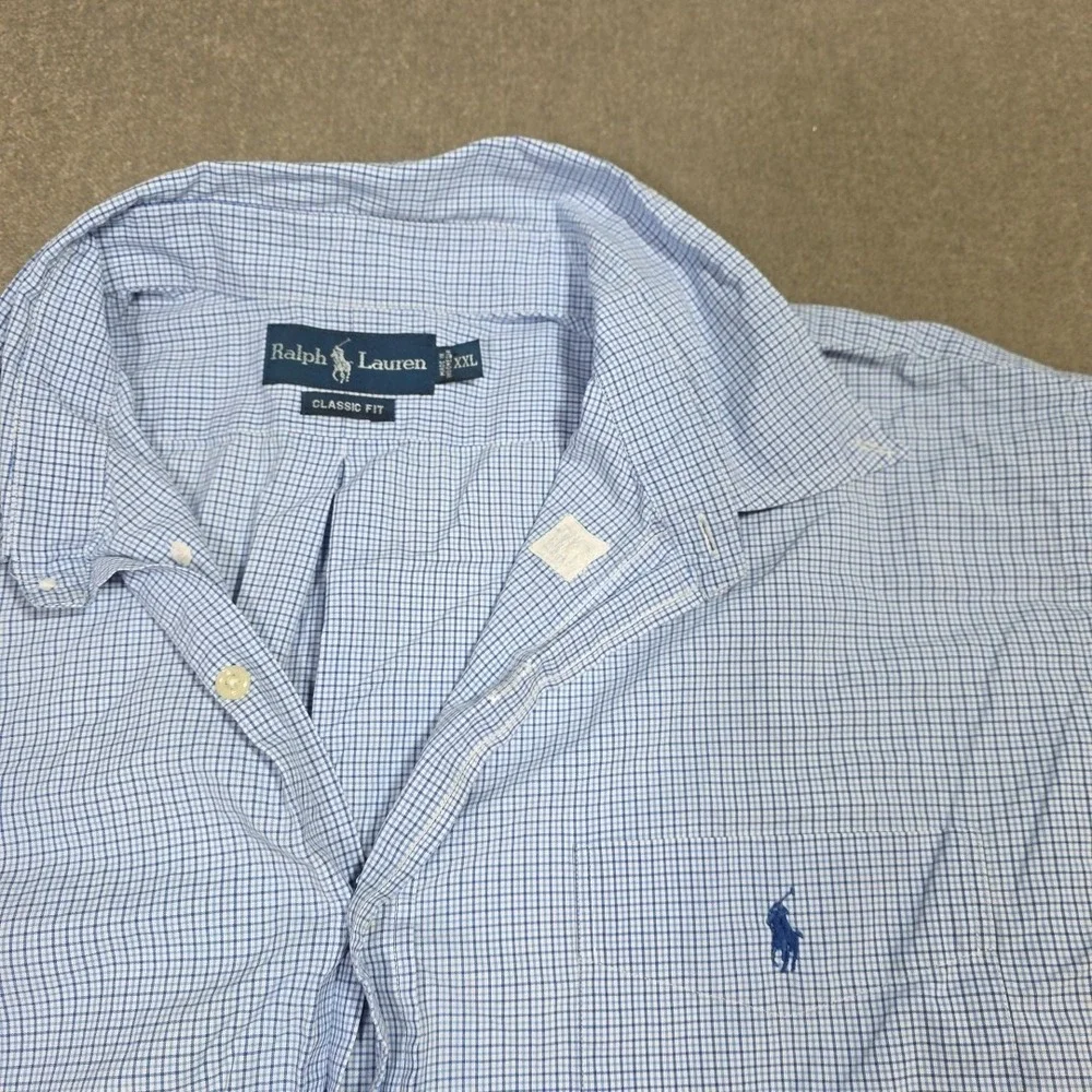 Ralph‎ Lauren Short Sleeve Blue Squares Cotton Men Button Down Shirt Size 2xL